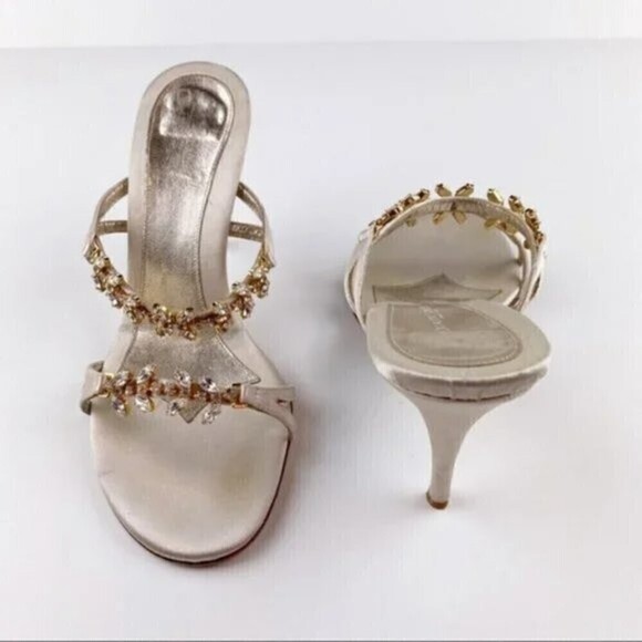 L'Autre Chose Cream Rhinestone Embellished Heel Evening Sandals Size 8 - Picture 3 of 15
